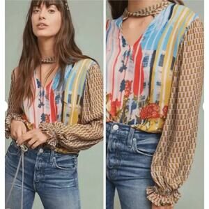 Conditions Apply Retro Peasant Blouse Medium Boho Sheer Floral Stripe